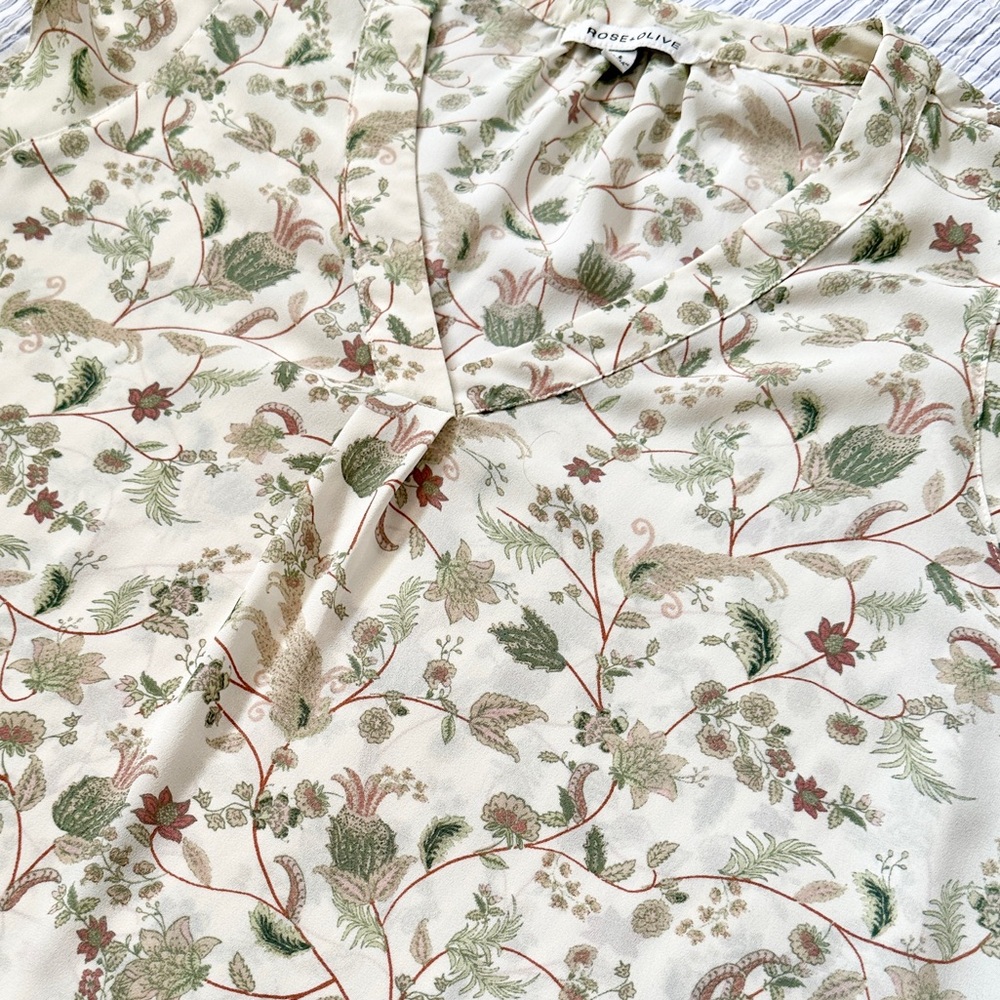 Rose & Olive Cream Botanical Floral Top - S Small - Boho Ruffle Romantic - Picture 14 of 15